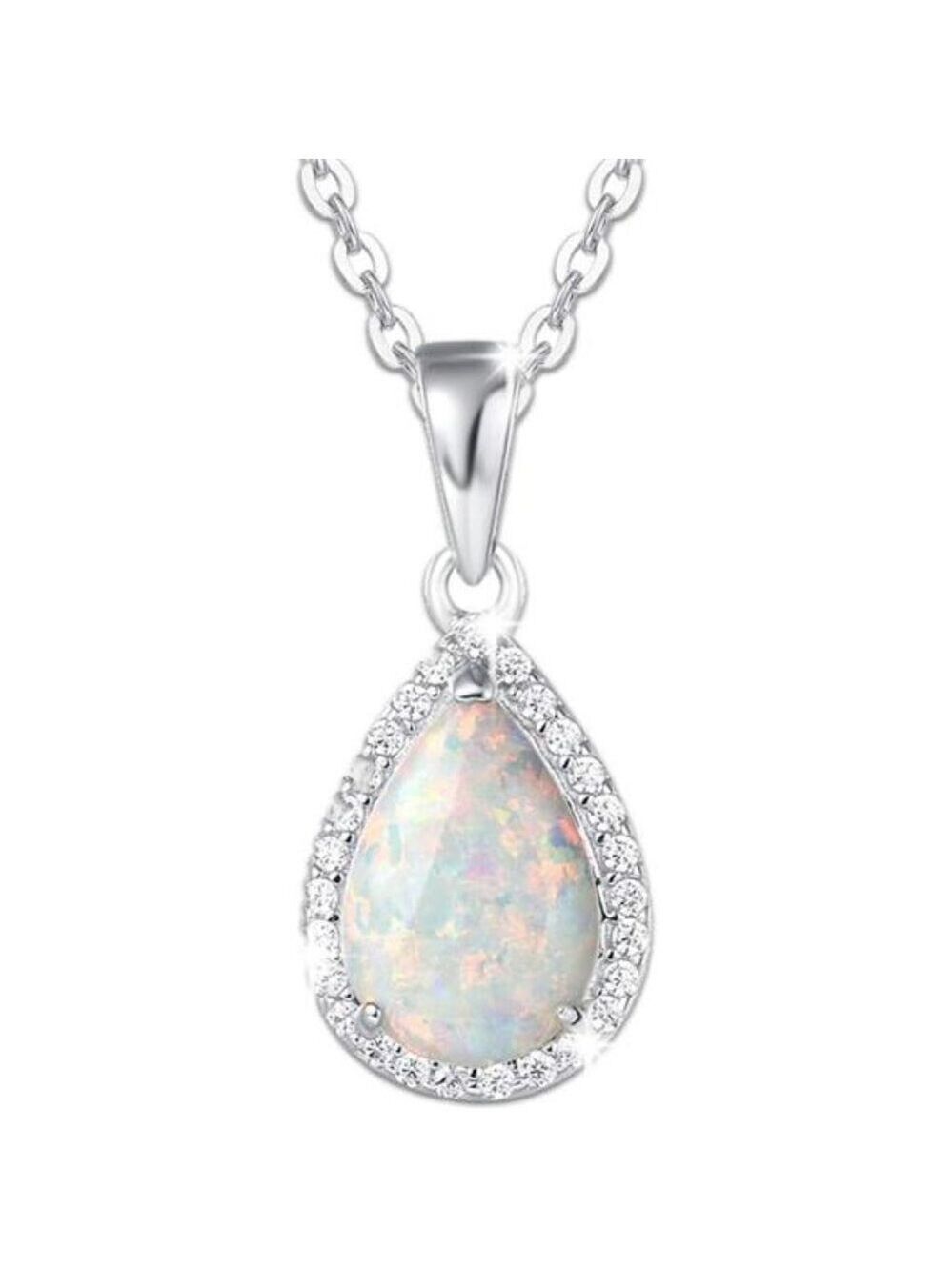 October Birthstone Opal Necklace Sterling Silver Teardrop Pendant Jewelry Gift